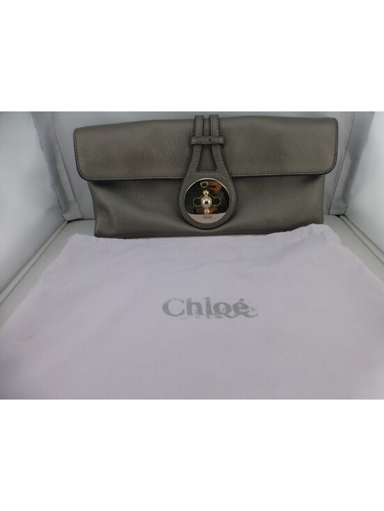 Handbags - Chloé Metallic Gray Grained Leather Clutch Bag with Gold-Tone Turn Lock & DustF3